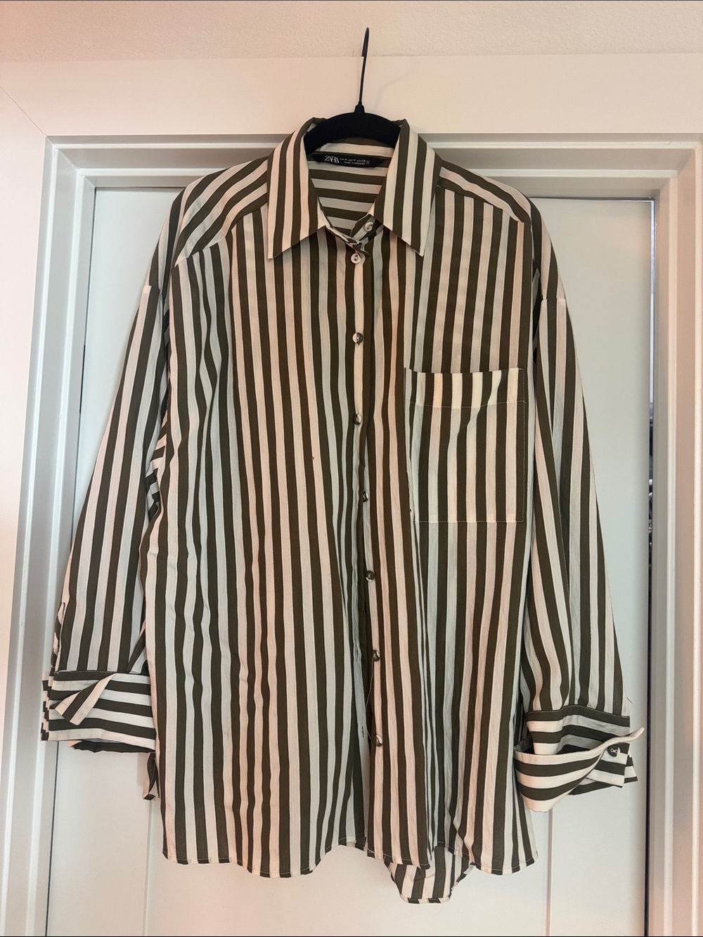 Zara Striped Button-Down Shirt - Olive & White